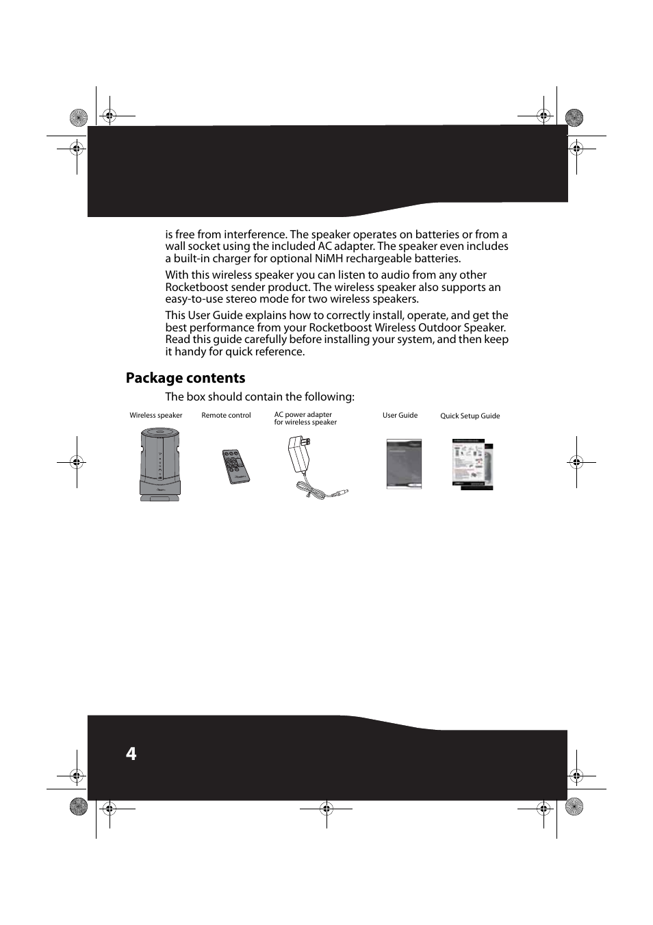 Package contents | RocketFish ROCKETBOOST RF-RBWS02-01 User Manual | Page 4 / 31