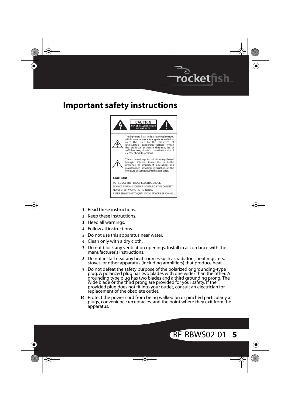 Important safety instructions | RocketFish ROCKETBOOST RF-RBWS02-01 User Manual | Page 5 / 31