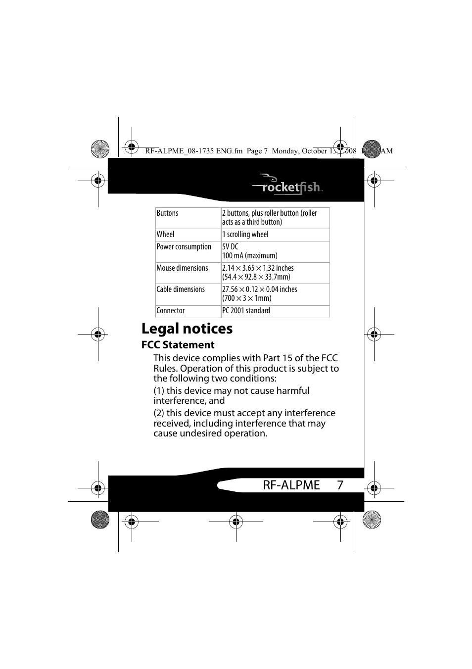 Legal notices, Fcc statement, 7rf-alpme | RocketFish RF-ALPME User Manual | Page 7 / 16