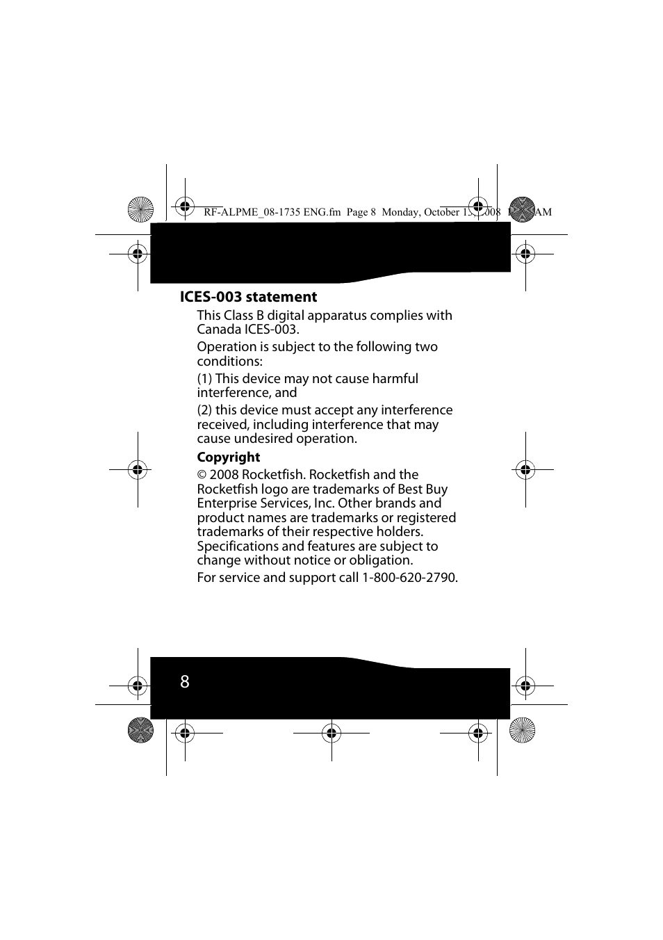 Ices-003 statement, Copyright | RocketFish RF-ALPME User Manual | Page 8 / 16