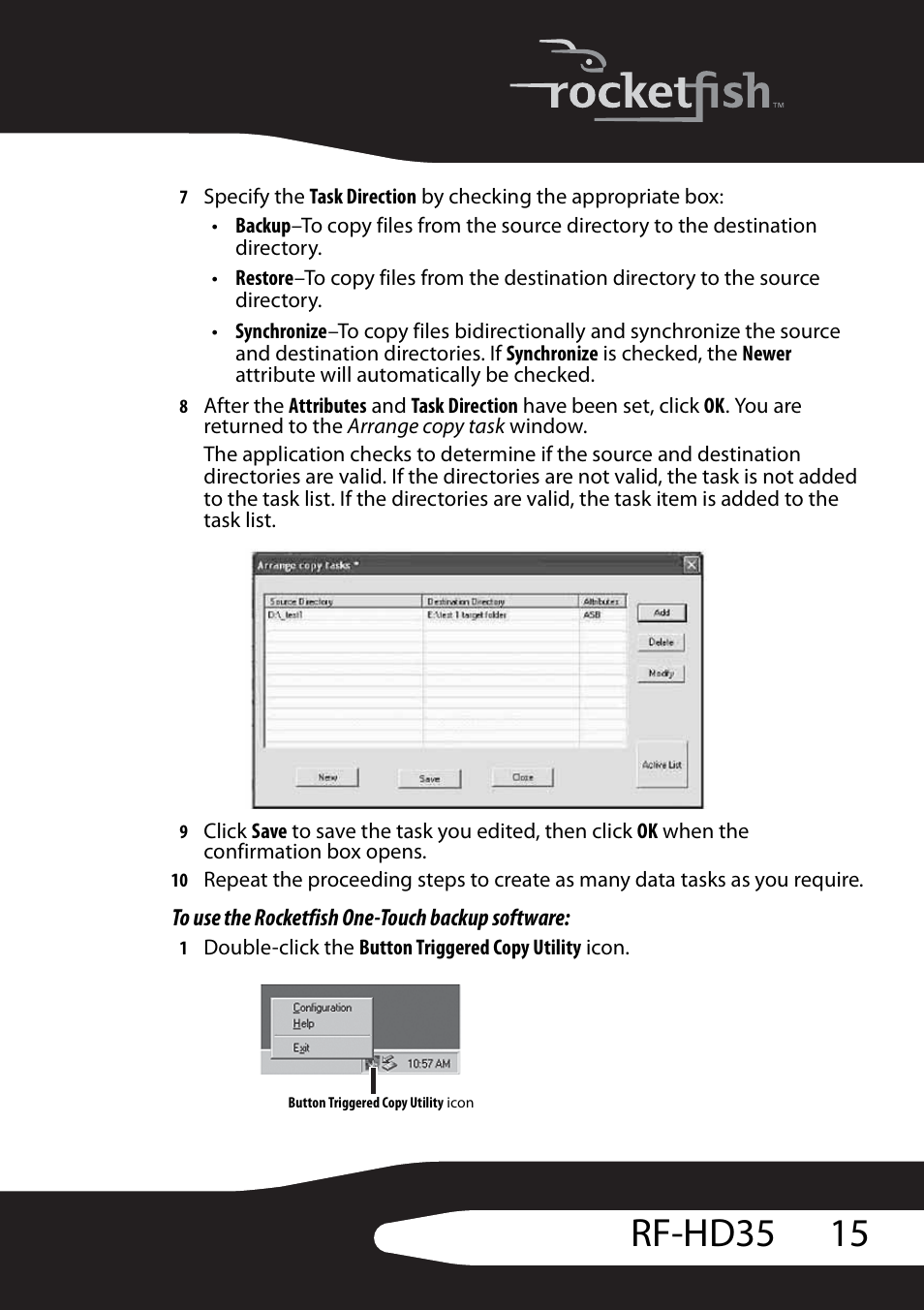 To use the rocketfish one-touch backup software, 15 rf-hd35 | RocketFish RF-HD35 User Manual | Page 17 / 70