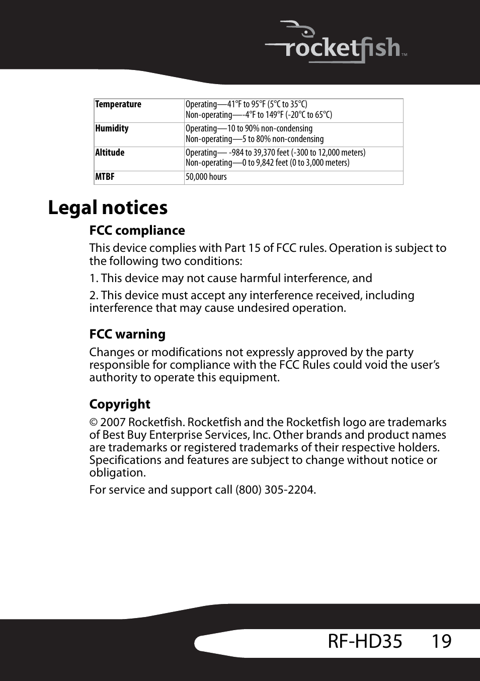 Legal notices, Fcc compliance, Fcc warning | Copyright, 19 rf-hd35 legal notices | RocketFish RF-HD35 User Manual | Page 21 / 70