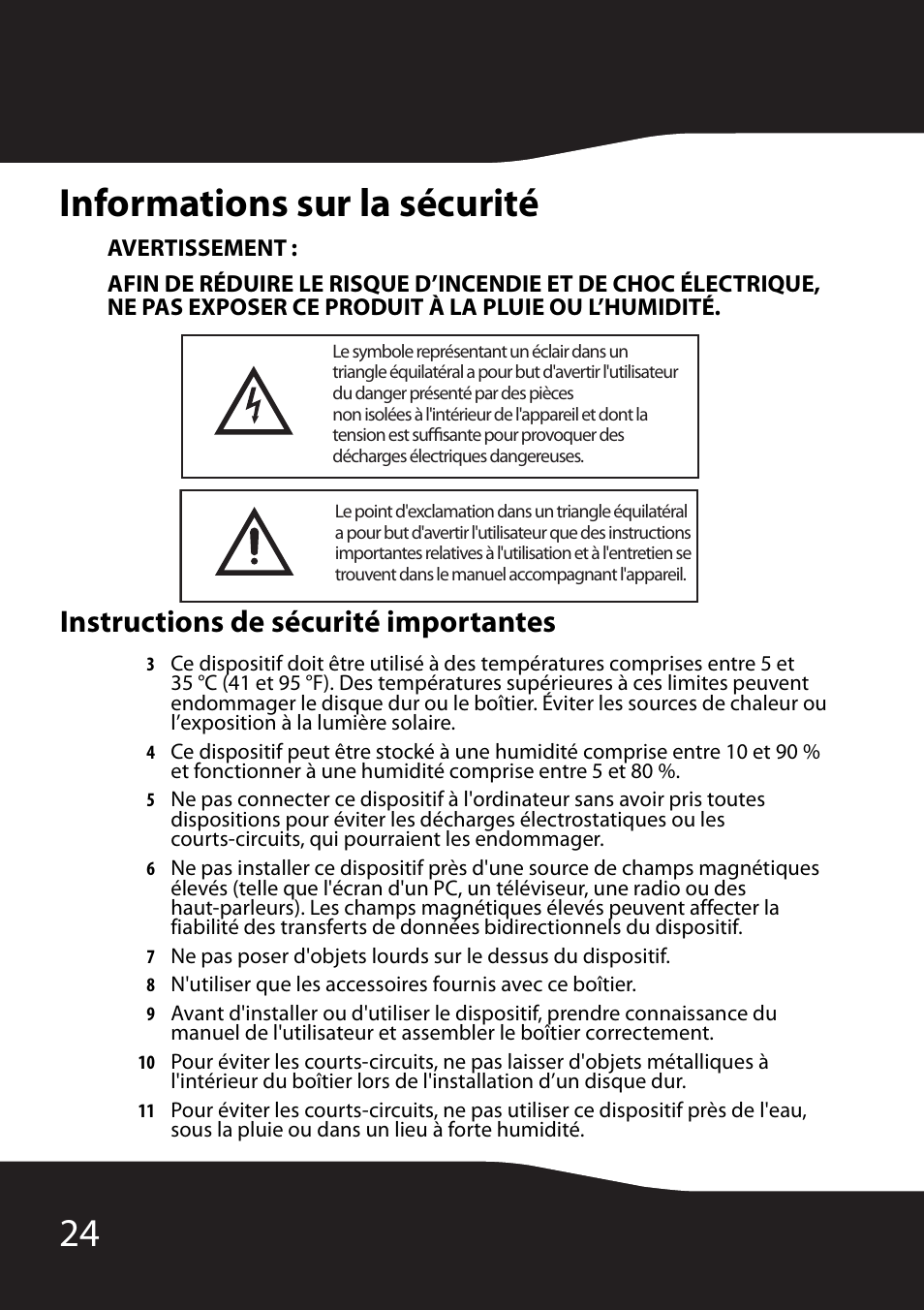 Informations sur la sécurité, Avertissement, Instructions de sécurité importantes | 24 informations sur la sécurité | RocketFish RF-HD35 User Manual | Page 26 / 70
