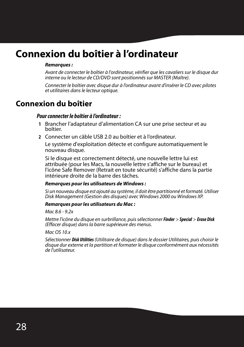 Connexion du boîtier à l’ordinateur, Connexion du boîtier, Pour connecter le boîtier à l’ordinateur | 28 connexion du boîtier à l’ordinateur | RocketFish RF-HD35 User Manual | Page 30 / 70