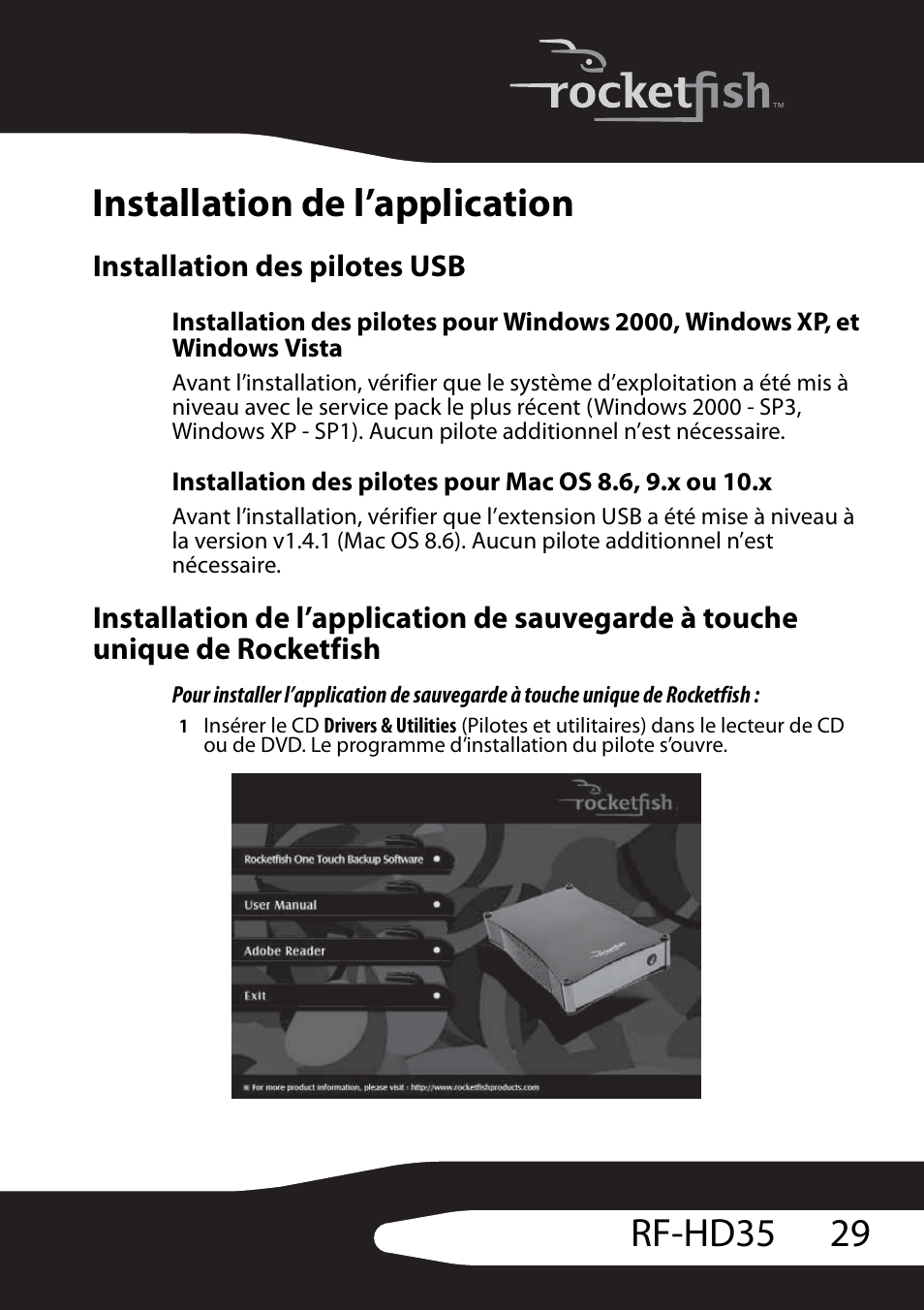 Installation de l’application, Installation des pilotes usb, 29 rf-hd35 installation de l’application | RocketFish RF-HD35 User Manual | Page 31 / 70