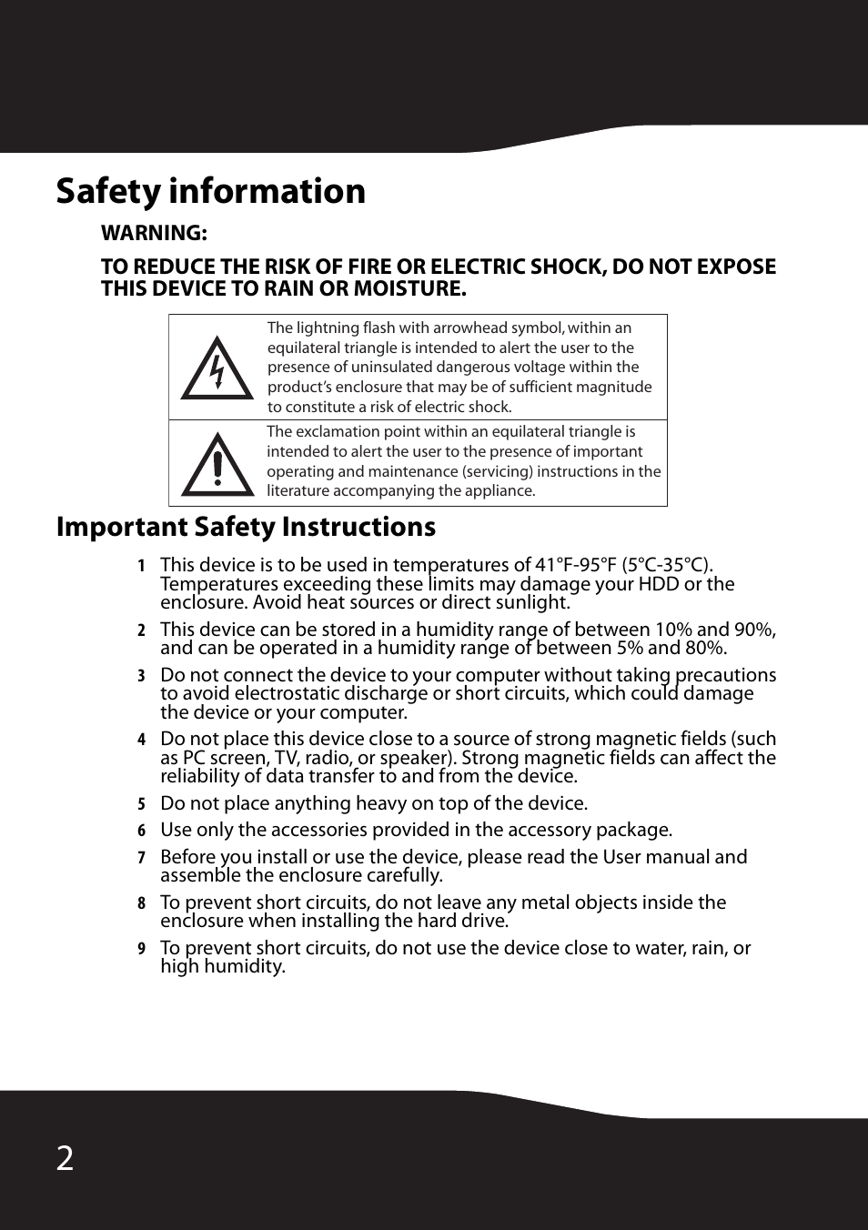 Safety information, Warning, Important safety instructions | 2safety information | RocketFish RF-HD35 User Manual | Page 4 / 70