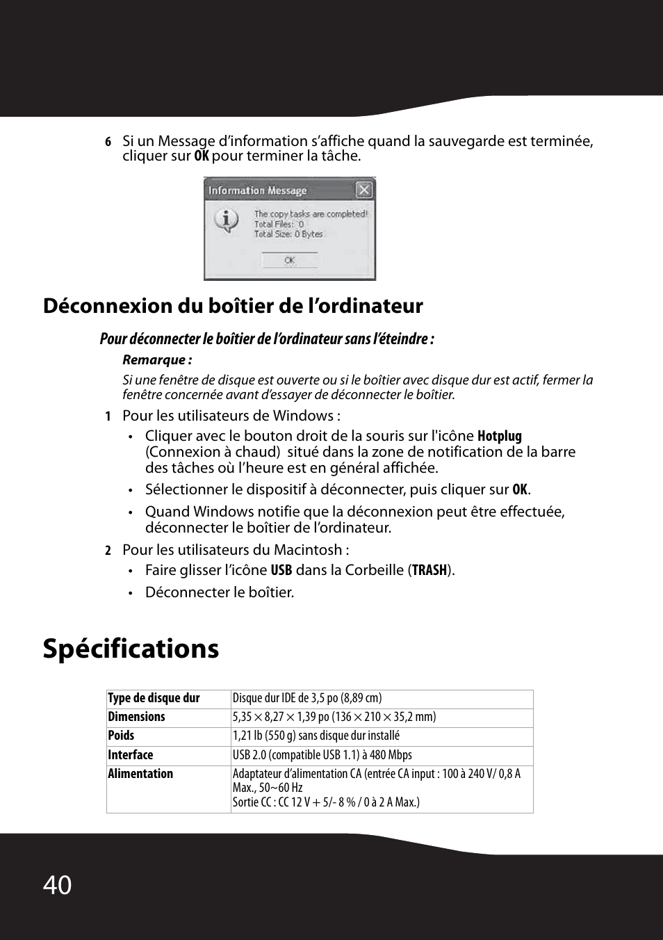 Déconnexion du boîtier de l’ordinateur, Spécifications | RocketFish RF-HD35 User Manual | Page 42 / 70