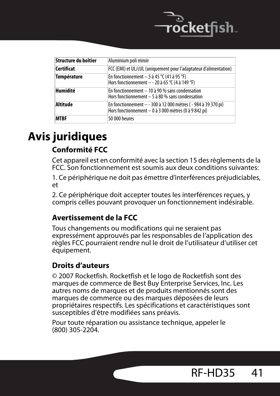 Avis juridiques, Conformité fcc, Avertissement de la fcc | Droits d’auteurs, 41 rf-hd35 avis juridiques | RocketFish RF-HD35 User Manual | Page 43 / 70