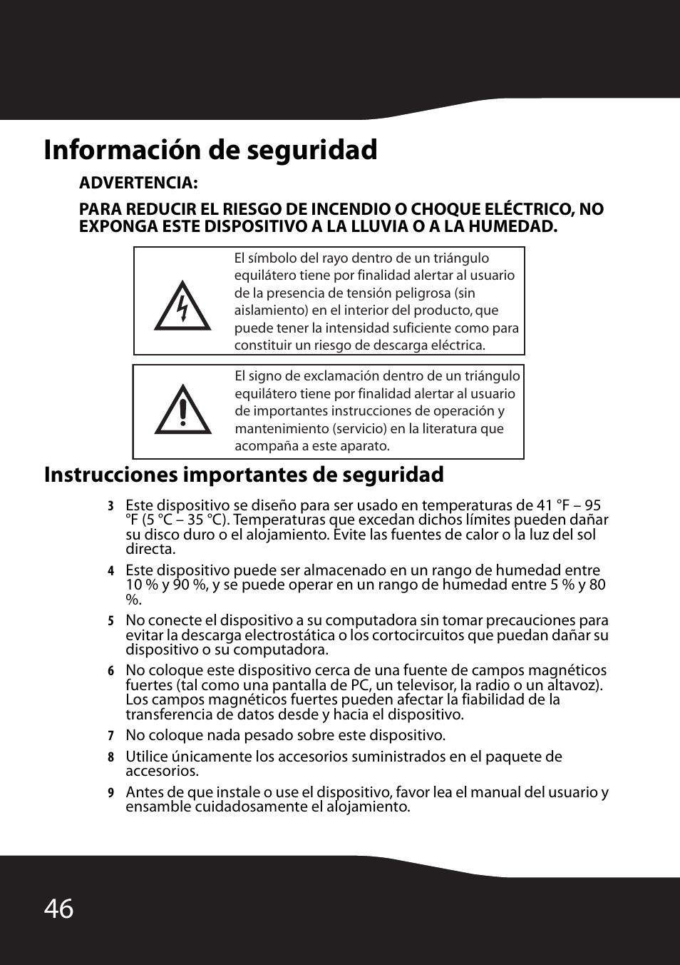 Información de seguridad, Advertencia, Instrucciones importantes de seguridad | 46 información de seguridad | RocketFish RF-HD35 User Manual | Page 48 / 70