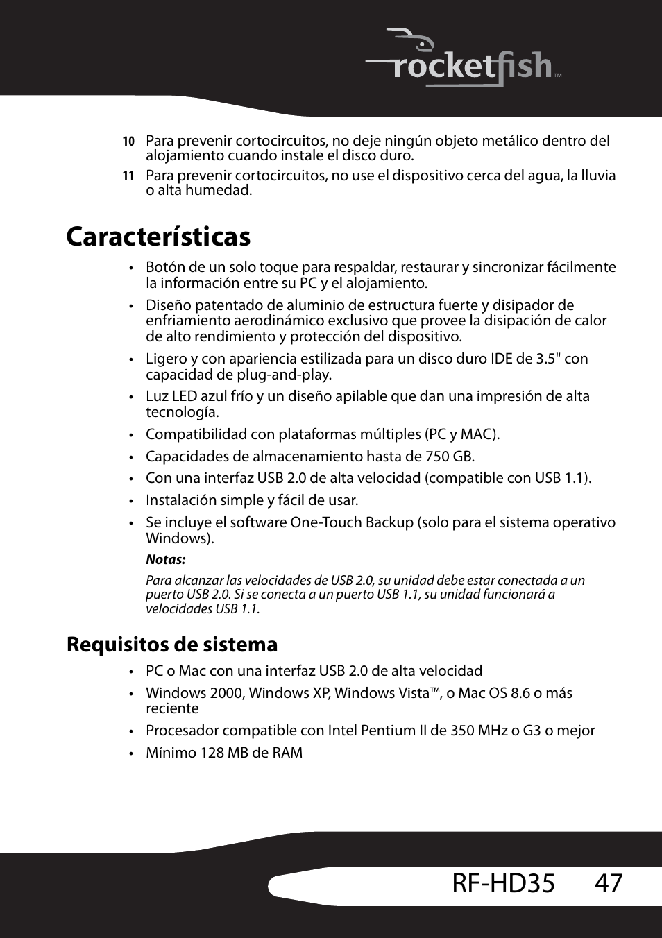 Características, Requisitos de sistema, 47 rf-hd35 | RocketFish RF-HD35 User Manual | Page 49 / 70