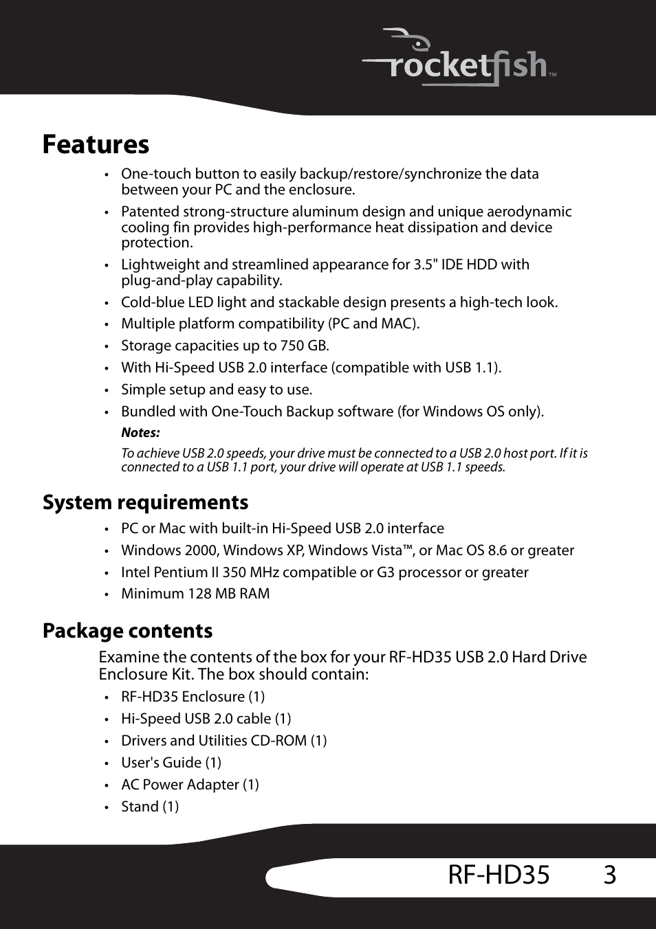 Features, System requirements, Package contents | 3rf-hd35 features | RocketFish RF-HD35 User Manual | Page 5 / 70