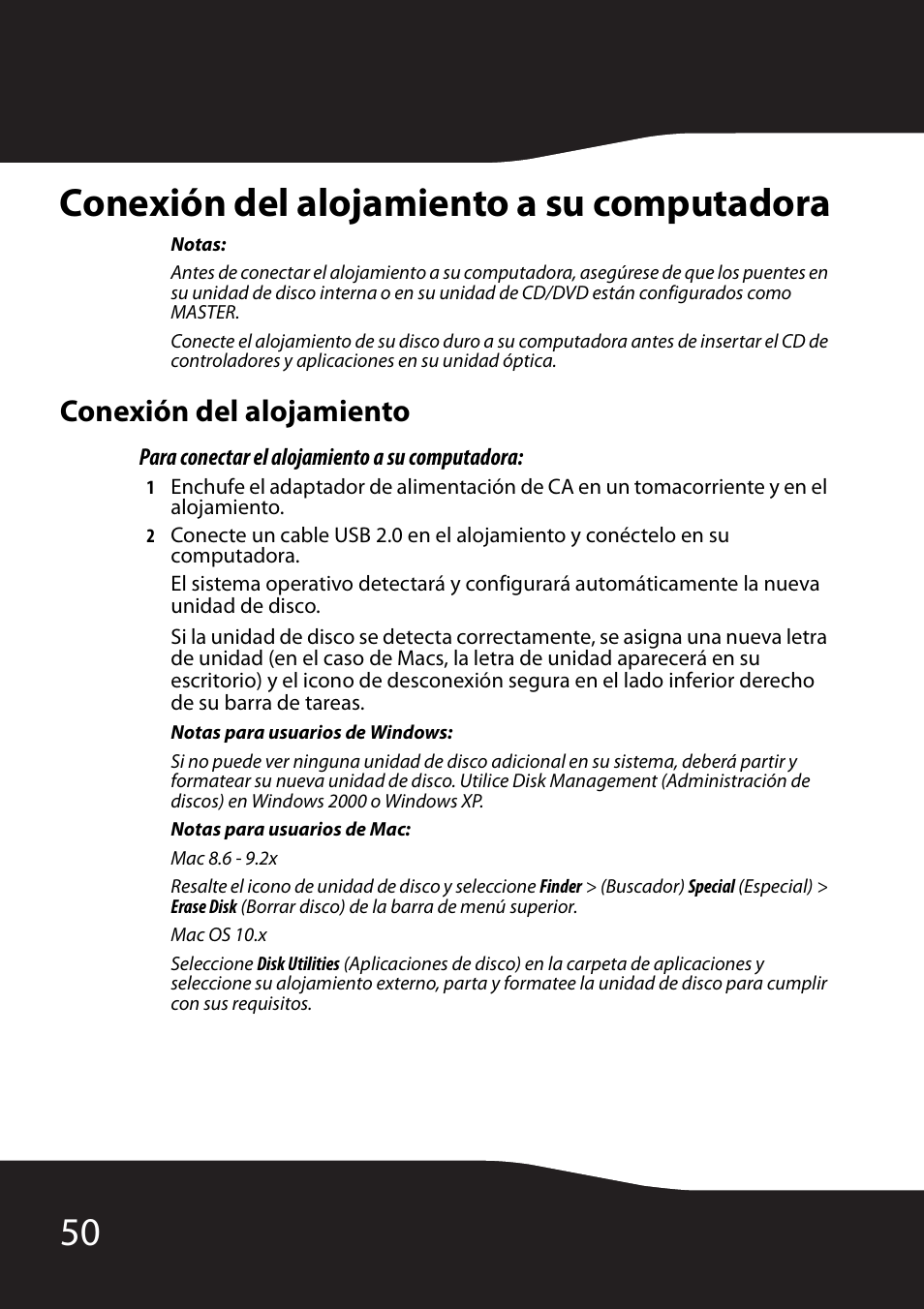 Conexión del alojamiento a su computadora, Conexión del alojamiento, Para conectar el alojamiento a su computadora | 50 conexión del alojamiento a su computadora | RocketFish RF-HD35 User Manual | Page 52 / 70