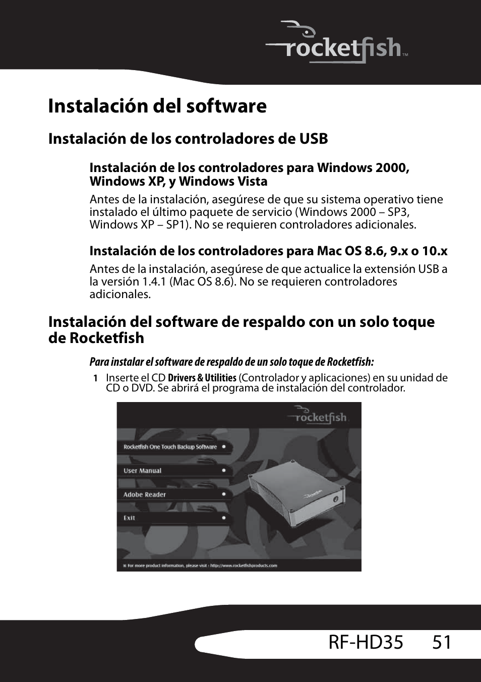 Instalación del software, Instalación de los controladores de usb, 51 rf-hd35 instalación del software | RocketFish RF-HD35 User Manual | Page 53 / 70