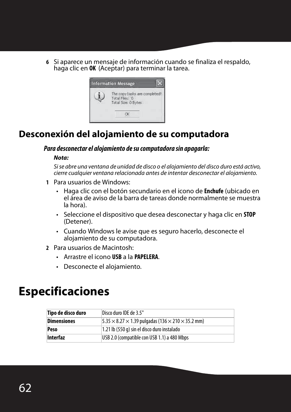 Desconexión del alojamiento de su computadora, Especificaciones | RocketFish RF-HD35 User Manual | Page 64 / 70