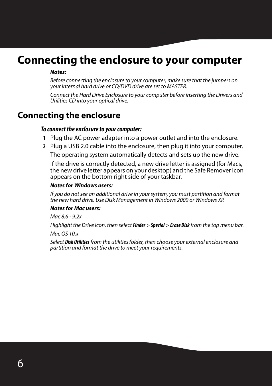 Connecting the enclosure to your computer, Connecting the enclosure, To connect the enclosure to your computer | 6connecting the enclosure to your computer | RocketFish RF-HD35 User Manual | Page 8 / 70