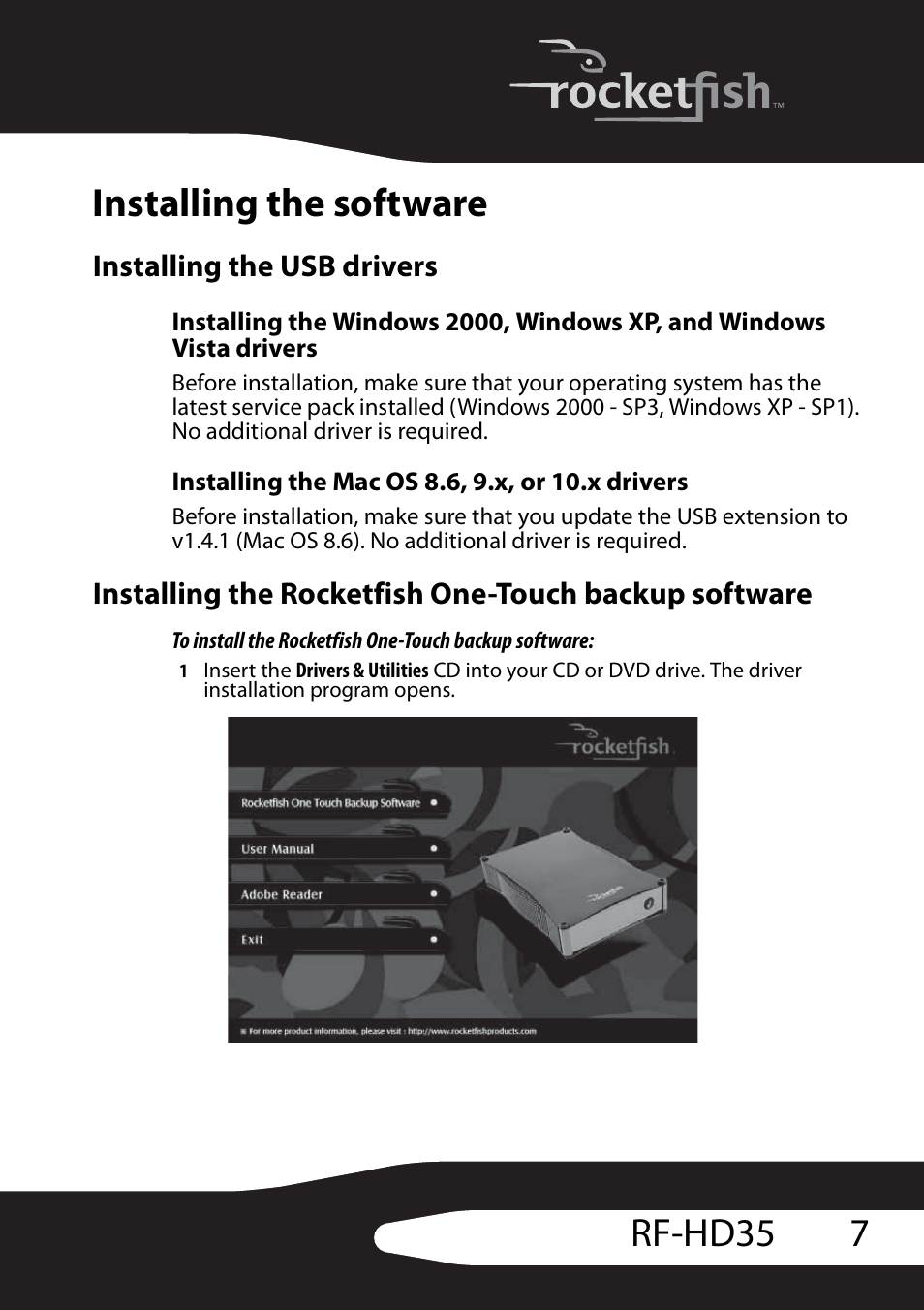 Installing the software, Installing the usb drivers, Installing the mac os 8.6, 9.x, or 10.x drivers | 7rf-hd35 installing the software | RocketFish RF-HD35 User Manual | Page 9 / 70