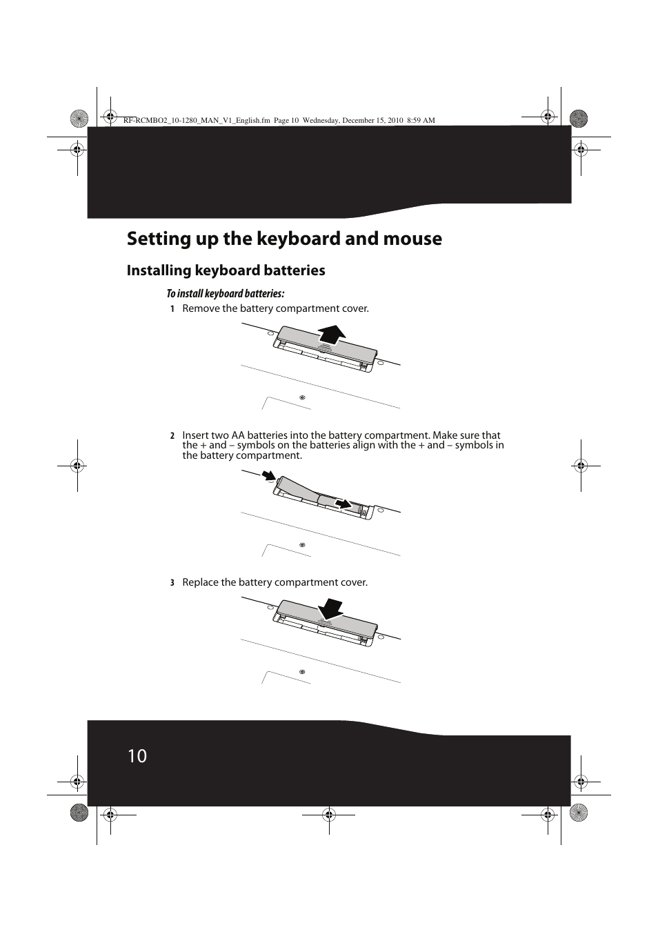 10 setting up the keyboard and mouse, Installing keyboard batteries | RocketFish RF-RCMBO2 User Manual | Page 10 / 28