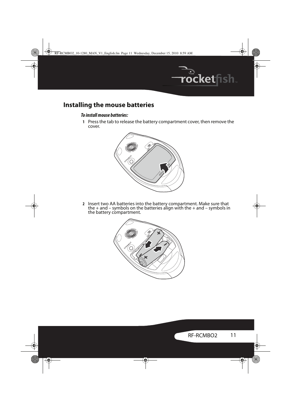 Installing the mouse batteries | RocketFish RF-RCMBO2 User Manual | Page 11 / 28
