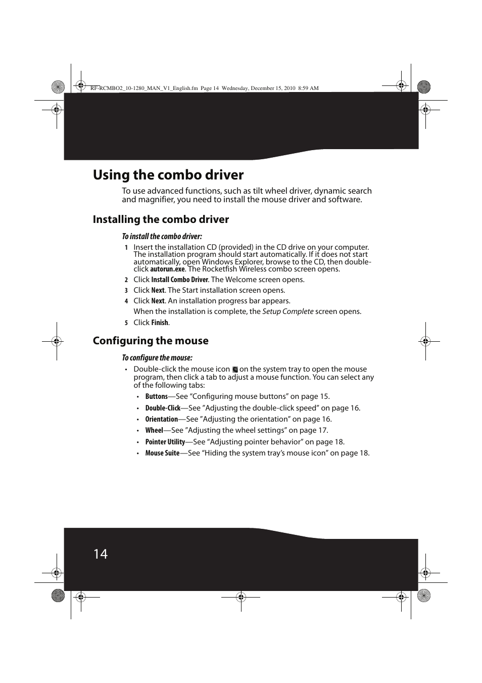 14 using the combo driver, Installing the combo driver, Configuring the mouse | RocketFish RF-RCMBO2 User Manual | Page 14 / 28
