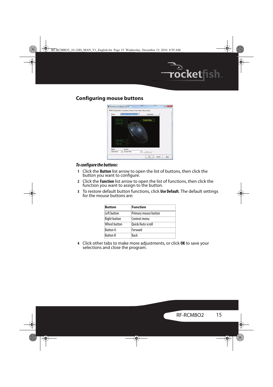 15 rf-rcmbo2 configuring mouse buttons | RocketFish RF-RCMBO2 User Manual | Page 15 / 28