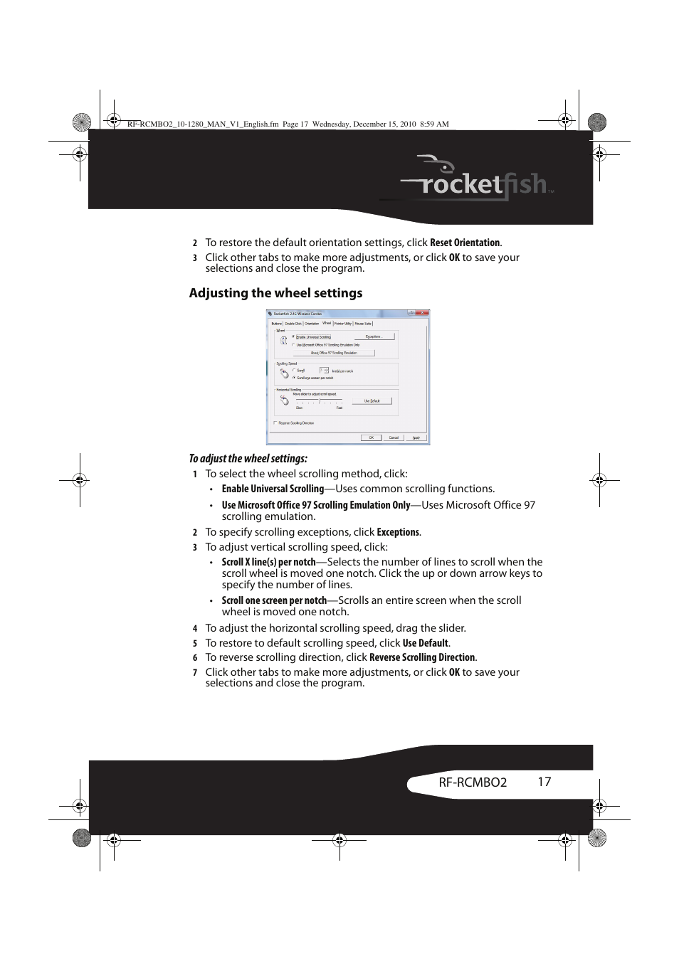 17 rf-rcmbo2, Adjusting the wheel settings | RocketFish RF-RCMBO2 User Manual | Page 17 / 28