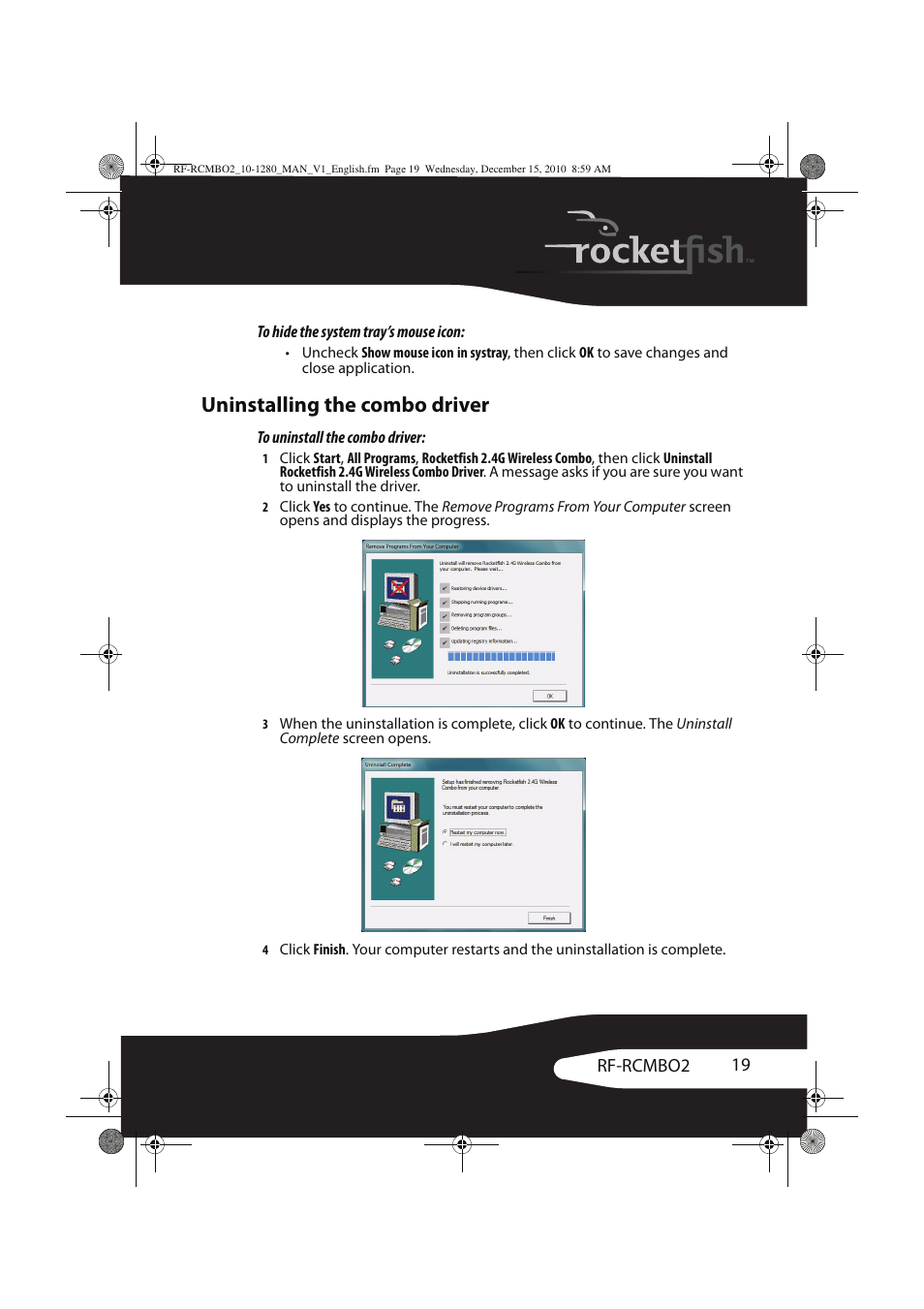 Uninstalling the combo driver, 19 rf-rcmbo2 | RocketFish RF-RCMBO2 User Manual | Page 19 / 28