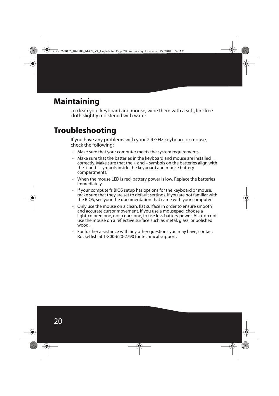 20 maintaining, Troubleshooting | RocketFish RF-RCMBO2 User Manual | Page 20 / 28