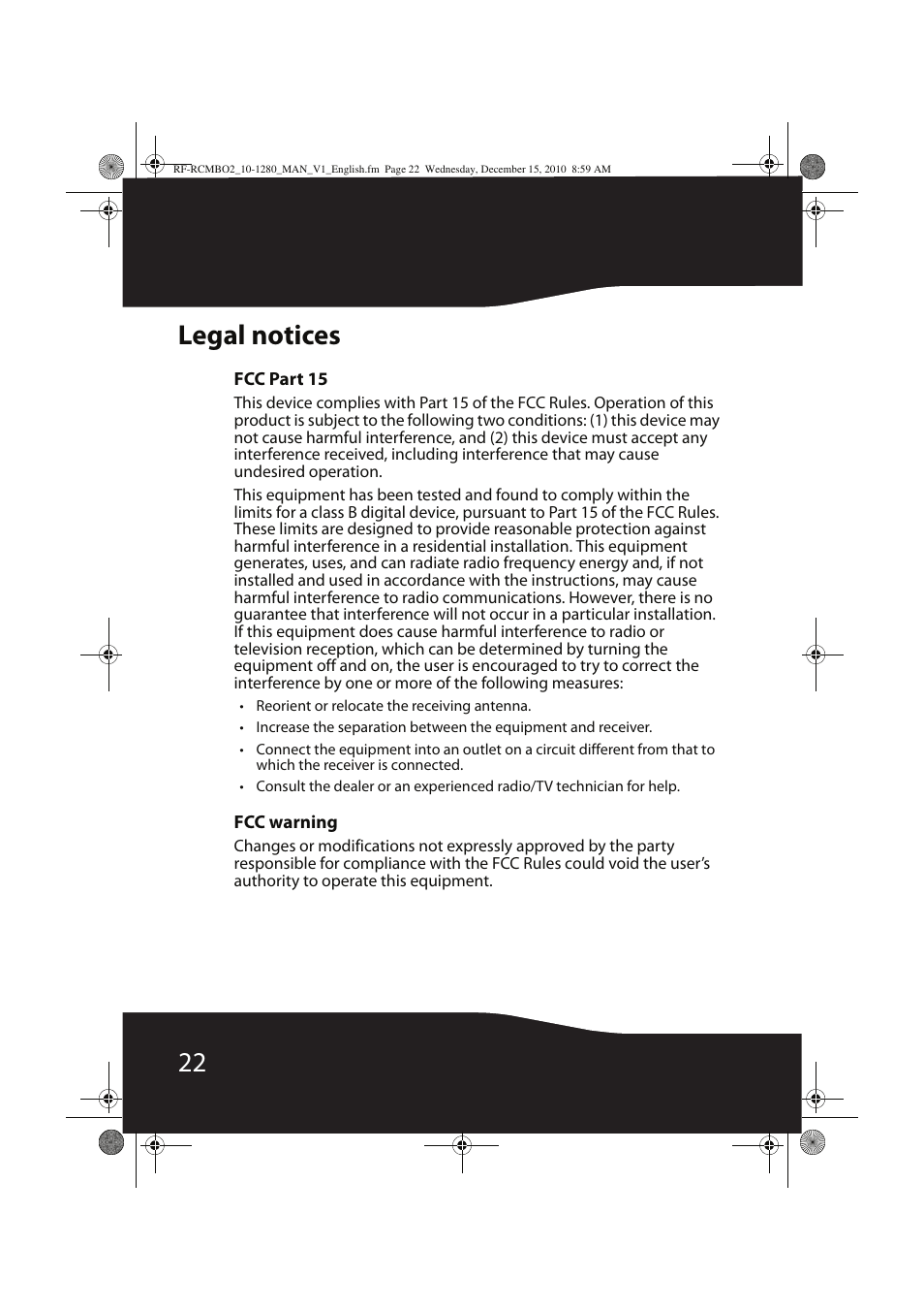 22 legal notices | RocketFish RF-RCMBO2 User Manual | Page 22 / 28