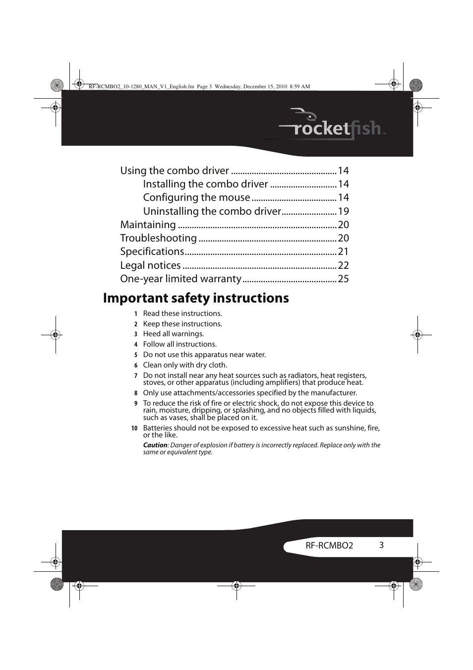 Important safety instructions | RocketFish RF-RCMBO2 User Manual | Page 3 / 28