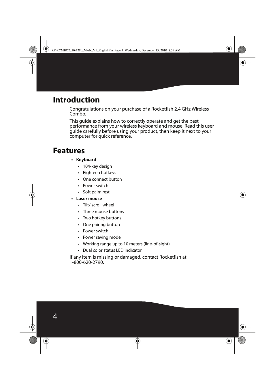 4introduction, Features | RocketFish RF-RCMBO2 User Manual | Page 4 / 28