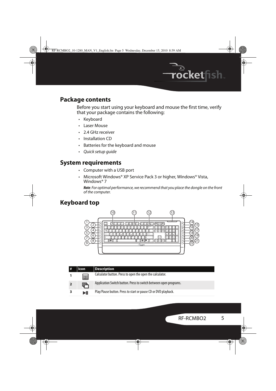 Package contents, System requirements, Keyboard top | 5rf-rcmbo2, Icon description 1 | RocketFish RF-RCMBO2 User Manual | Page 5 / 28
