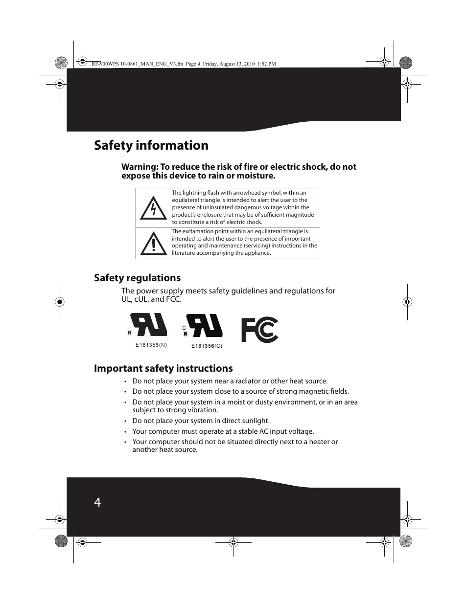 4safety information, Safety regulations, Important safety instructions | RocketFish RF-900WPS User Manual | Page 4 / 20