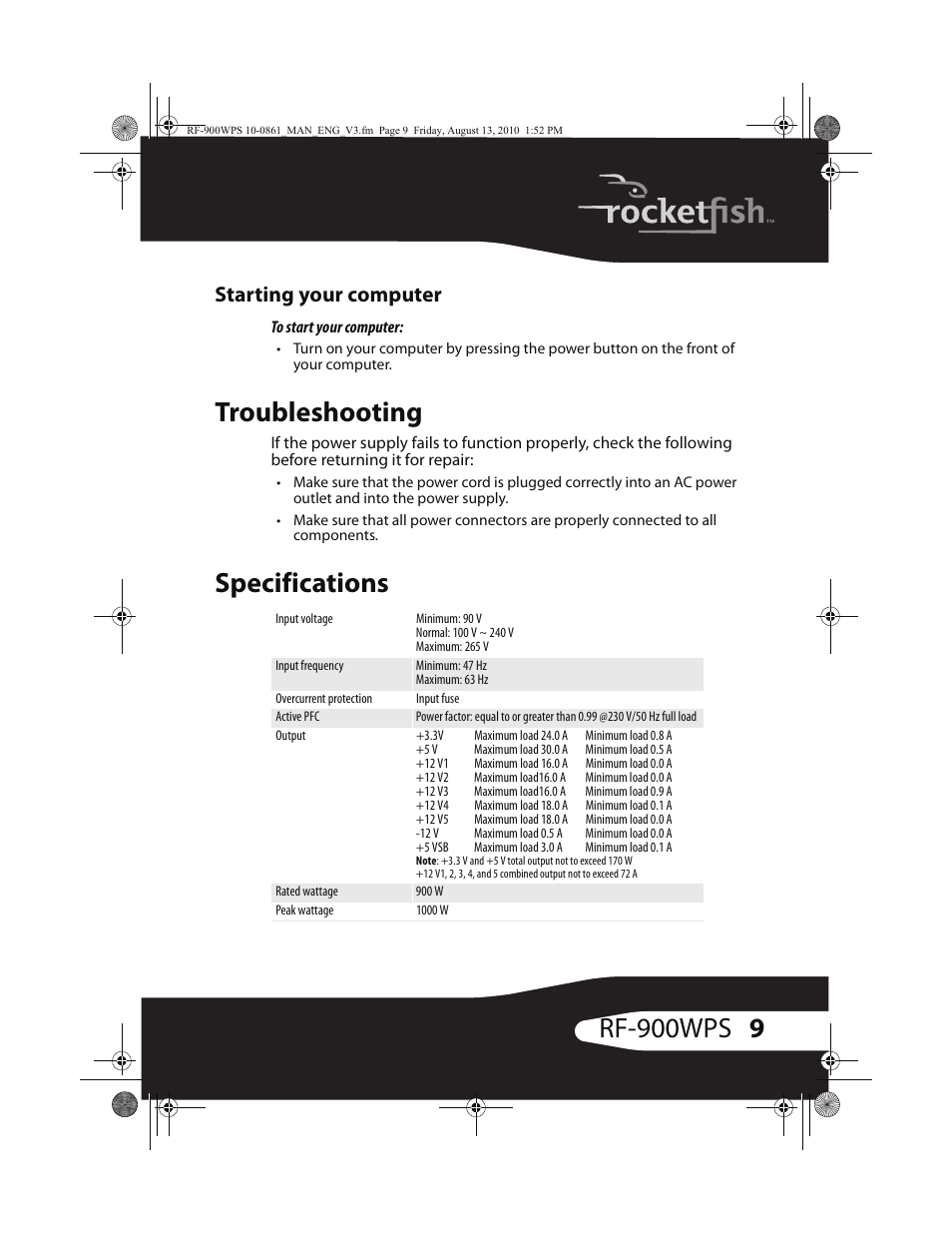 9rf-900wps, Troubleshooting, Specifications | Starting your computer | RocketFish RF-900WPS User Manual | Page 9 / 20