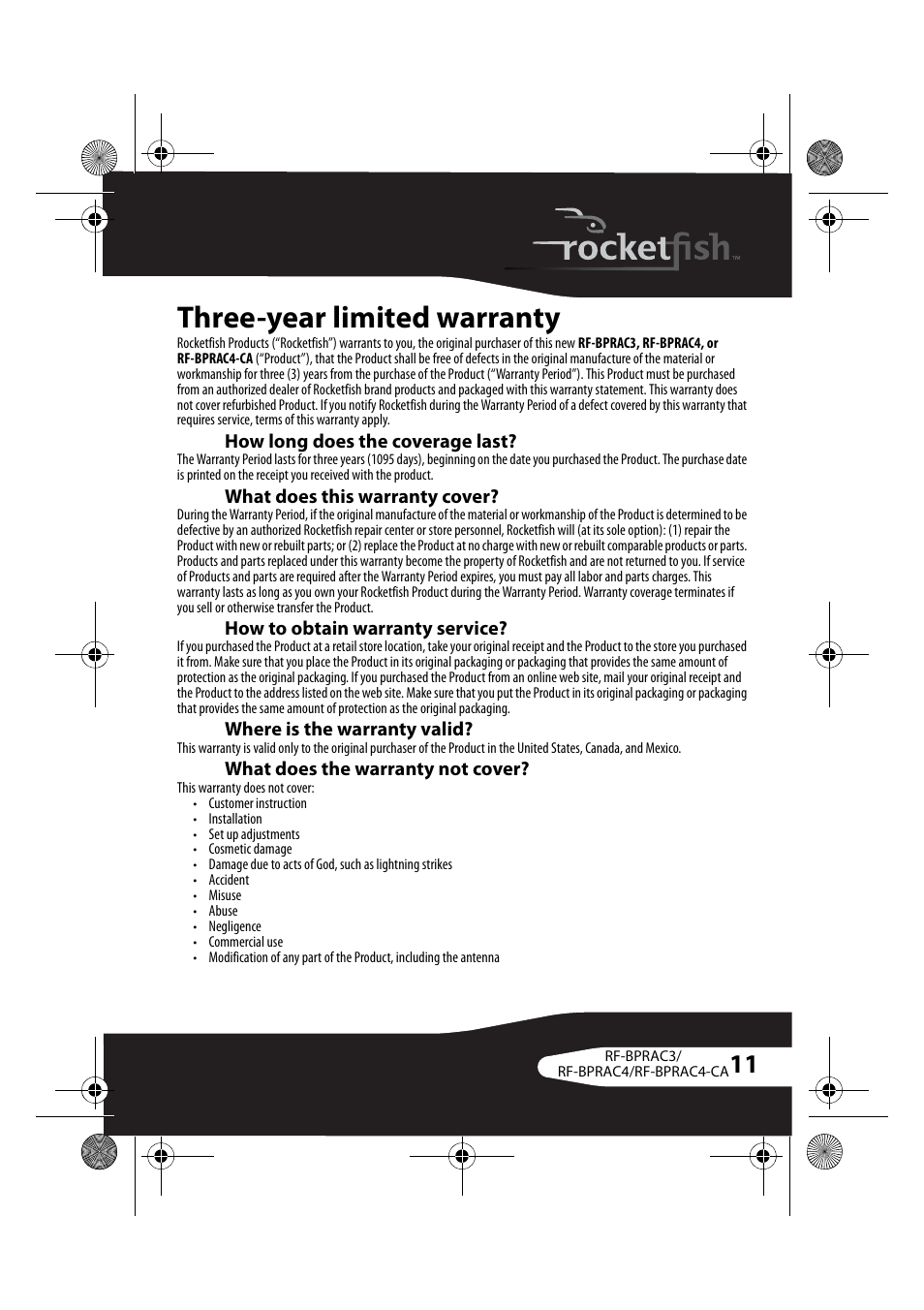 Three-year limited warranty, How long does the coverage last, What does this warranty cover | How to obtain warranty service, Where is the warranty valid, What does the warranty not cover | RocketFish RF-BPRAC4-CA User Manual | Page 11 / 13