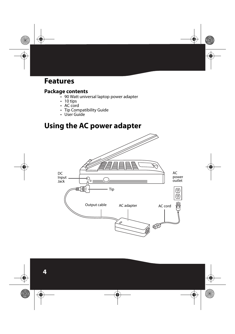 Features, Package contents, Using the ac power adapter | Features using the ac power adapter | RocketFish RF-BPRAC4-CA User Manual | Page 4 / 13