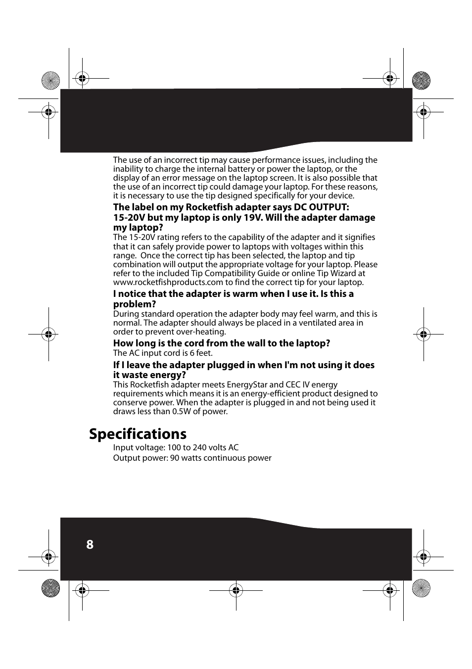How long is the cord from the wall to the laptop, Specifications | RocketFish RF-BPRAC4-CA User Manual | Page 8 / 13