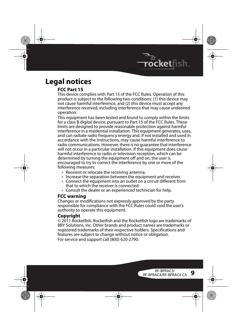 Legal notices, Fcc part 15, Fcc warning | Copyright | RocketFish RF-BPRAC4-CA User Manual | Page 9 / 13