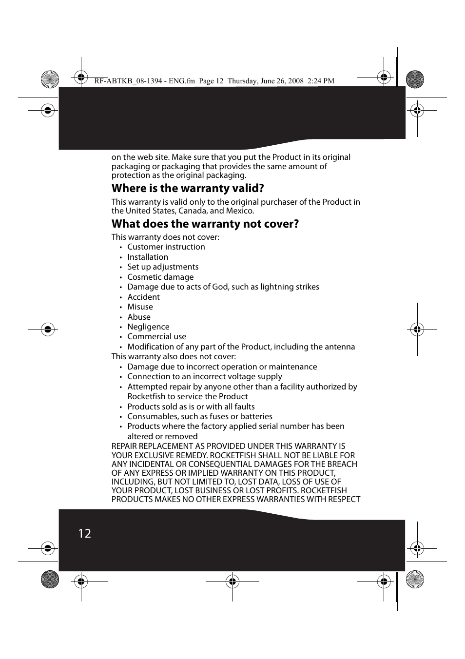 Where is the warranty valid, What does the warranty not cover | RocketFish RF-ABTKB User Manual | Page 12 / 16