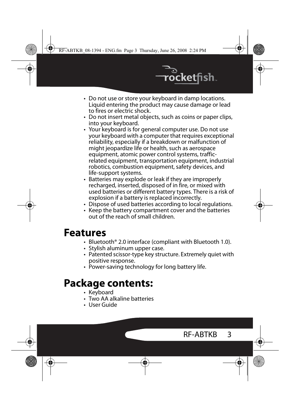 Features package contents, Features, Package contents | 3rf-abtkb | RocketFish RF-ABTKB User Manual | Page 3 / 16