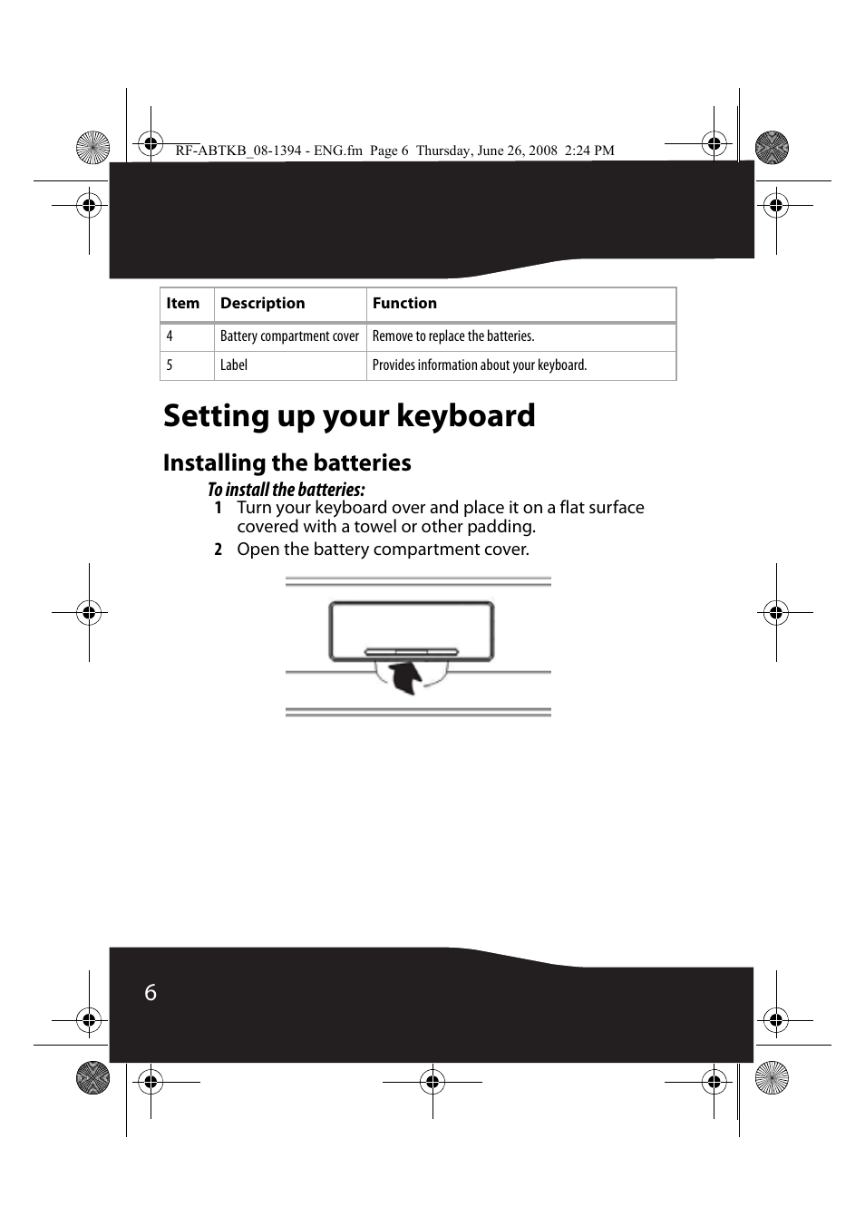 Setting up your keyboard, Installing the batteries | RocketFish RF-ABTKB User Manual | Page 6 / 16