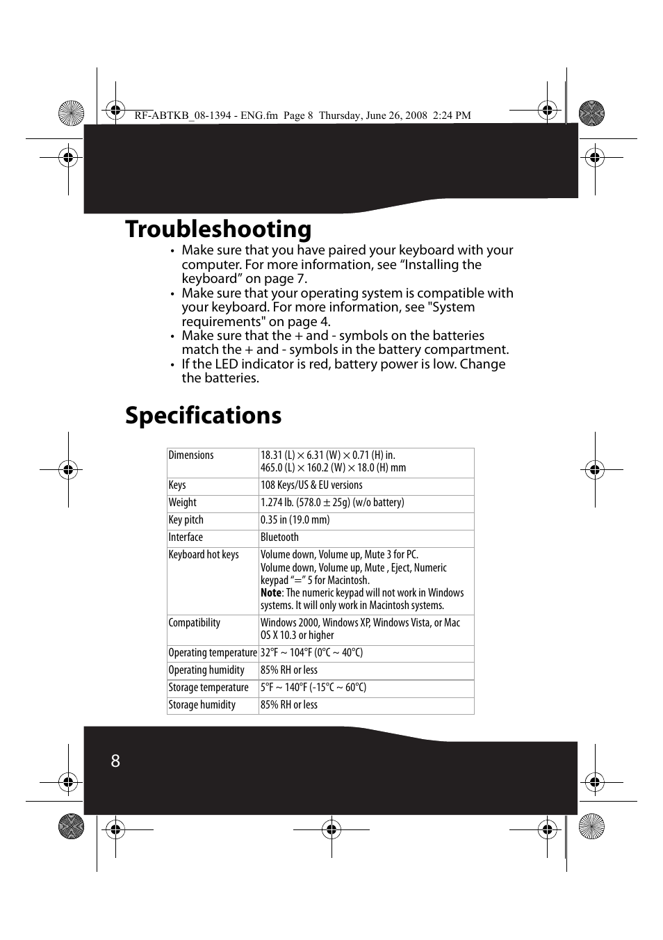 Troubleshooting, Specifications | RocketFish RF-ABTKB User Manual | Page 8 / 16