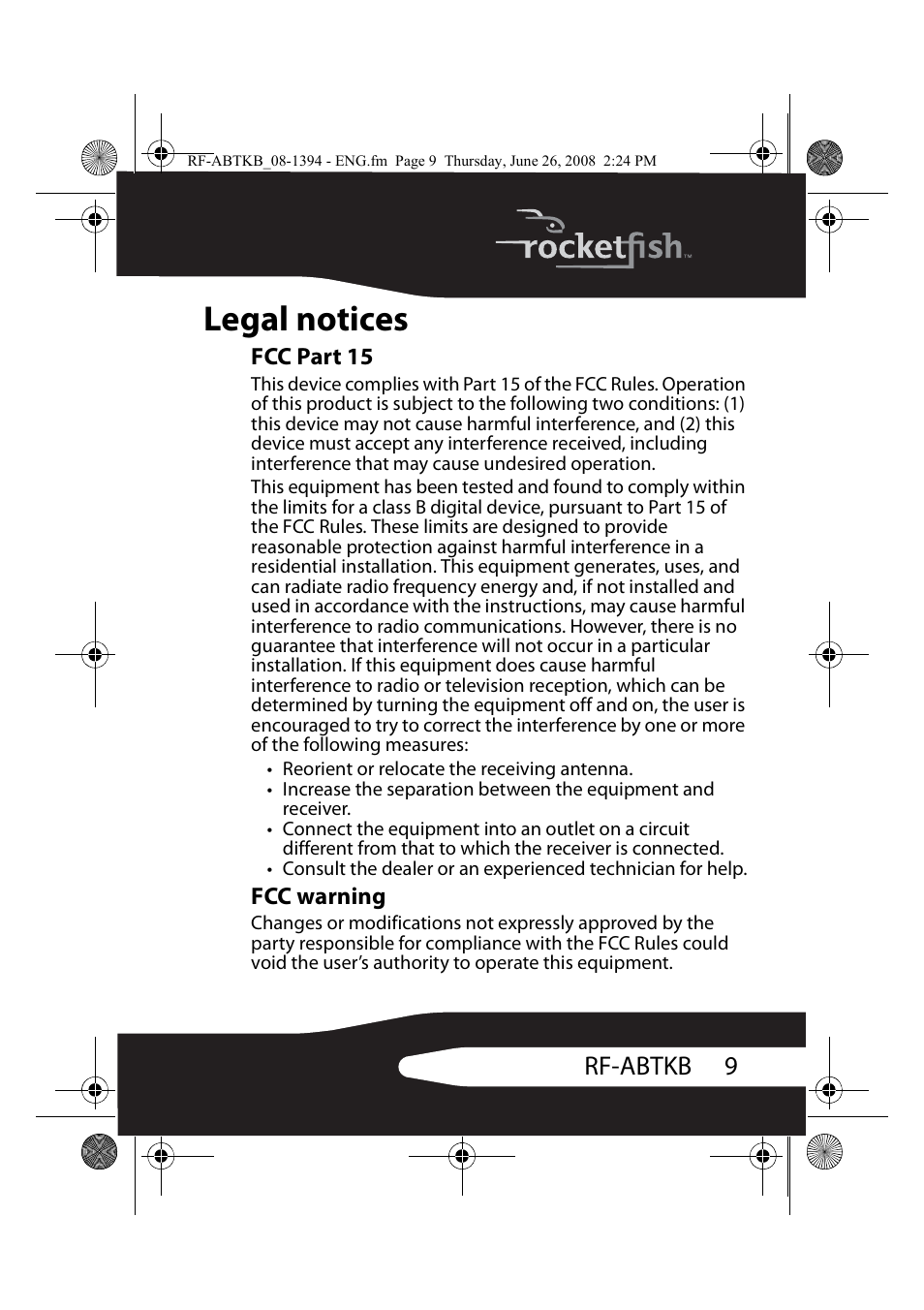 Legal notices, 9rf-abtkb | RocketFish RF-ABTKB User Manual | Page 9 / 16