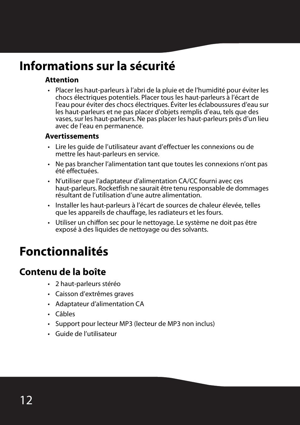 Informations sur la sécurité, Fonctionnalités, Contenu de la boîte | Informations sur la sécurité fonctionnalités, 12 informations sur la sécurité | RocketFish RF-3800 User Manual | Page 14 / 34