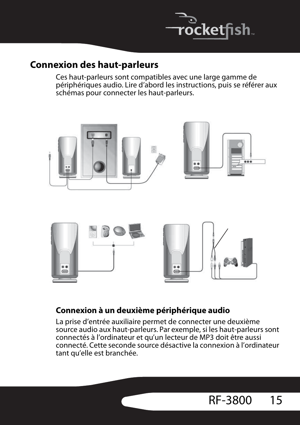 Connexion des haut-parleurs, Connexion à un deuxième périphérique audio | RocketFish RF-3800 User Manual | Page 17 / 34