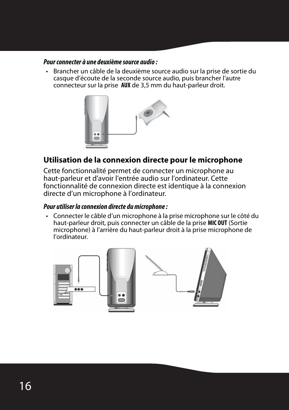 Pour connecter à une deuxième source audio, Pour utiliser la connexion directe du microphone | RocketFish RF-3800 User Manual | Page 18 / 34