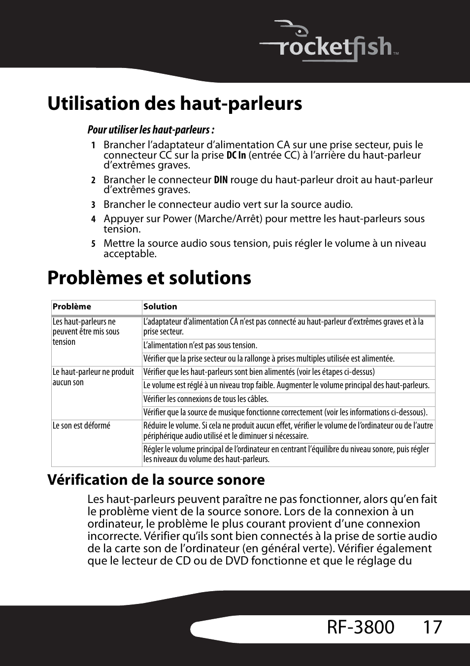 Utilisation des haut-parleurs, Pour utiliser les haut-parleurs, Problèmes et solutions | Vérification de la source sonore | RocketFish RF-3800 User Manual | Page 19 / 34