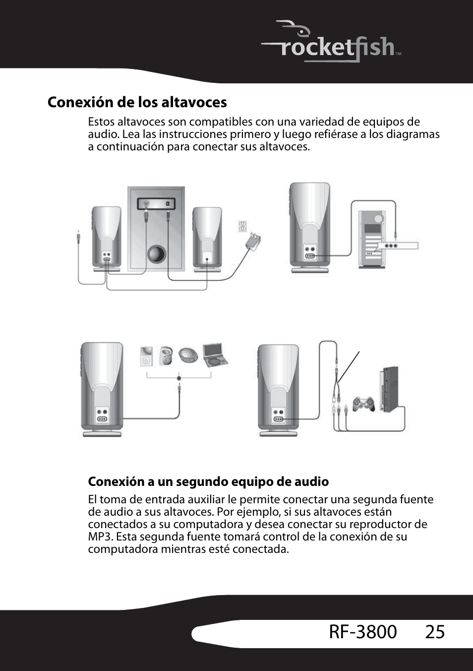 Conexión de los altavoces, Conexión a un segundo equipo de audio | RocketFish RF-3800 User Manual | Page 27 / 34
