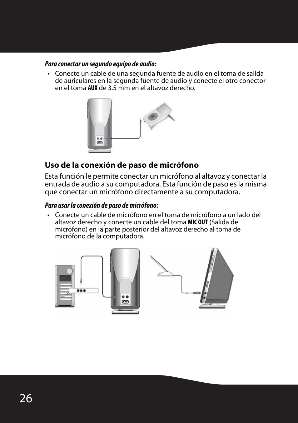 Para conectar un segundo equipo de audio, Uso de la conexión de paso de micrófono, Para usar la conexión de paso de micrófono | RocketFish RF-3800 User Manual | Page 28 / 34