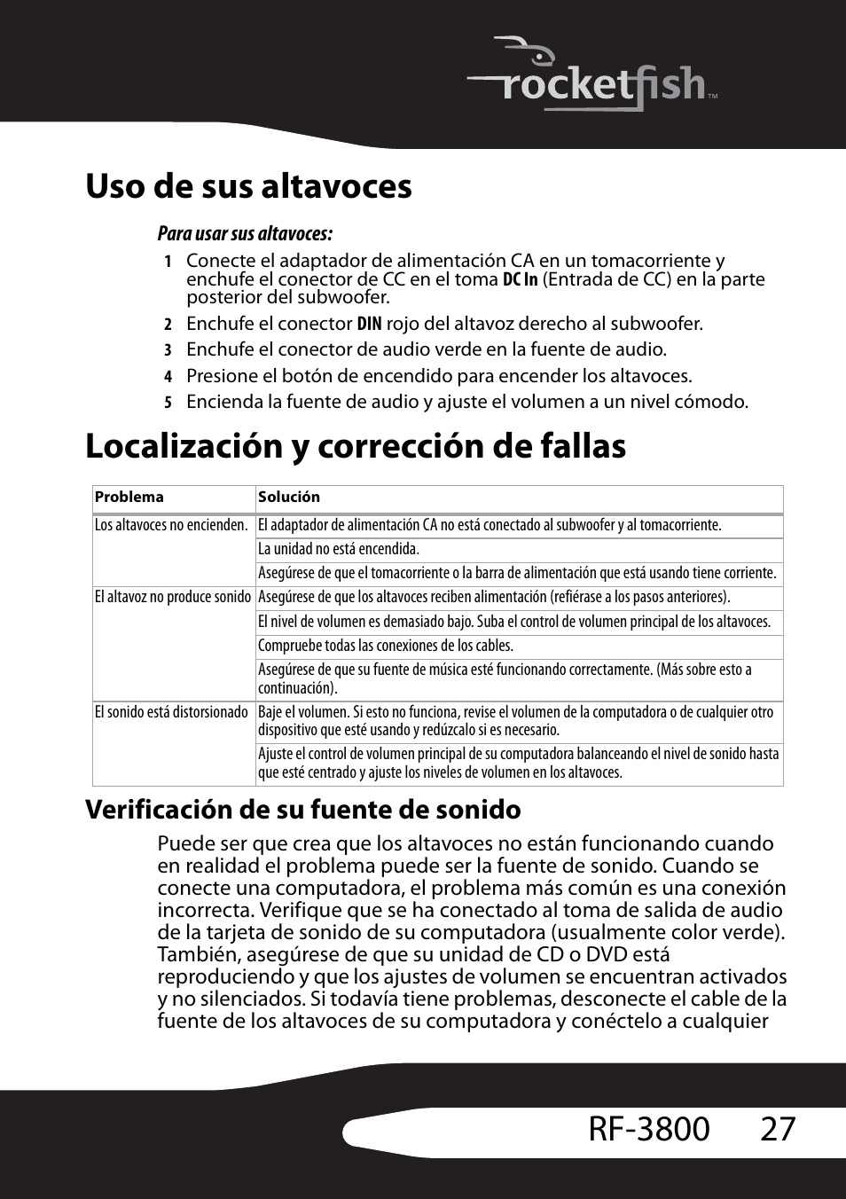Uso de sus altavoces, Para usar sus altavoces, Localización y corrección de fallas | Verificación de su fuente de sonido | RocketFish RF-3800 User Manual | Page 29 / 34
