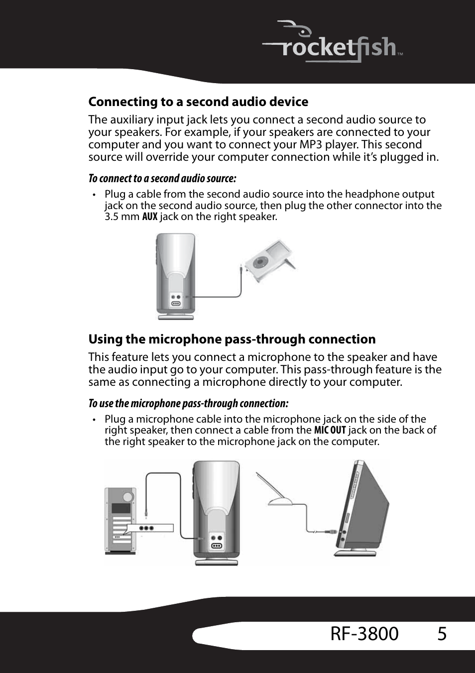 Connecting to a second audio device, To connect to a second audio source, Using the microphone pass-through connection | To use the microphone pass-through connection | RocketFish RF-3800 User Manual | Page 7 / 34